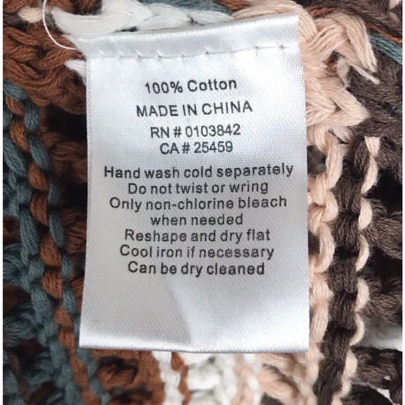 Evereve Open Knit Sweater Short Sleeve 100% Cotton Brown Blue White Stripe Large - Picture 8 of 8